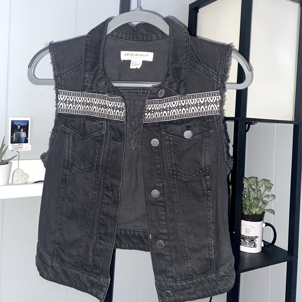 H&M - Black Denim Vest with Tribal embroidery
